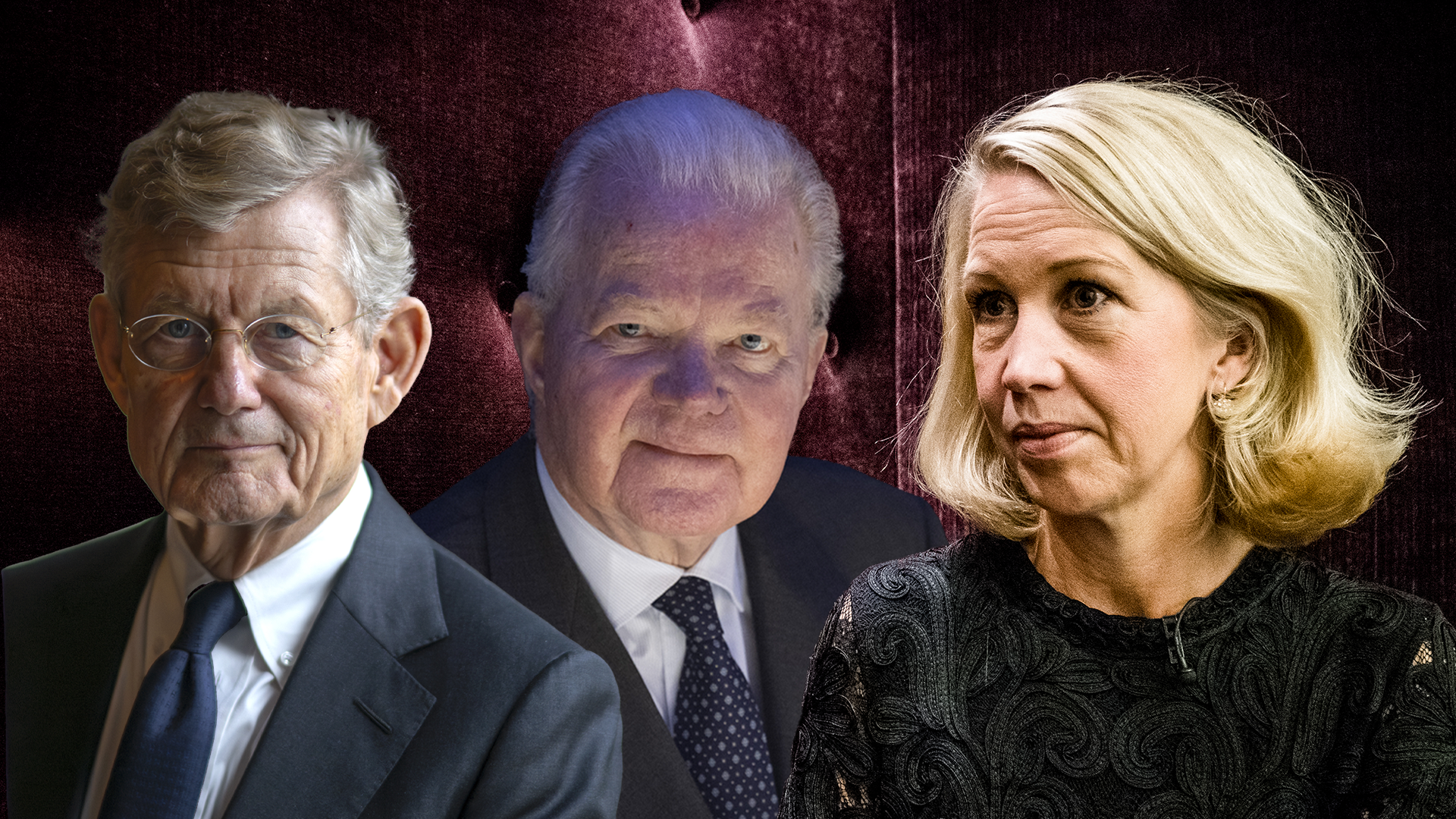 Tre porträttfoton av Jacob Wallenberg, Fredrik Lundberg och Helena Stjernholm mot mörk bakgrund. 