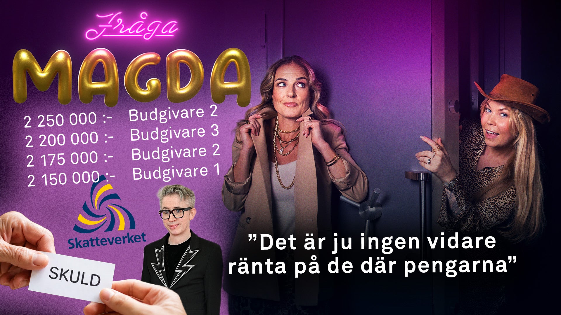 Reklamaffisch för lotterispelet Magda med neonljus, prisbelopp och personer.