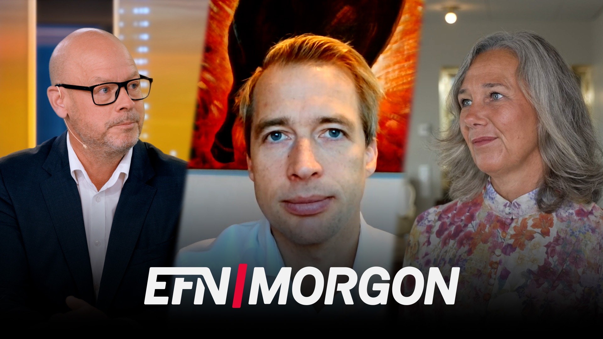 Tre personer sitter tillsammans i en studio. En man med glasögon och svart kostym på vänster sida, en man i mitten och en kvinna med långt grått hår på höger sida. I bakgrunden syns ett abstrakt konstverk i rött och orange. En röd banner längst ned visar texten EFN MORGON.