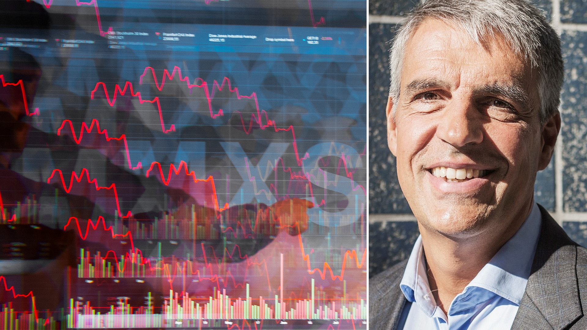 Sammansatt bild med börskurvor och finansiella grafer på vänster sida, och porträtt av en leende man i affärsklädsel på höger sida.