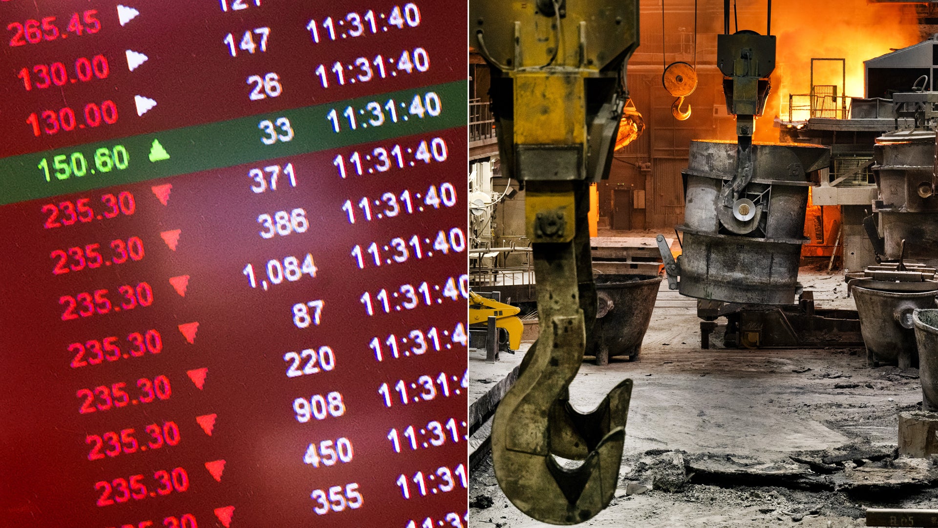 Delad bild som visar finansiell data med aktiekurser på vänster sida och industriell fabriksutrustning på höger sida.