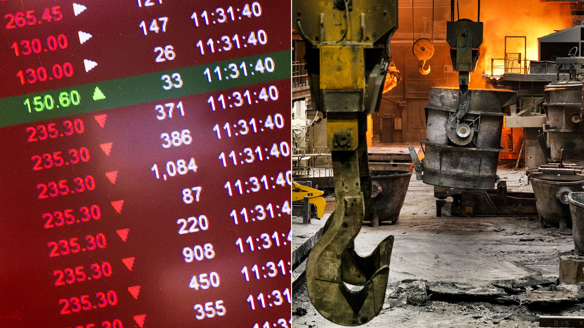 Delad bild som visar finansiell data med aktiekurser på vänster sida och industriell fabriksutrustning på höger sida.