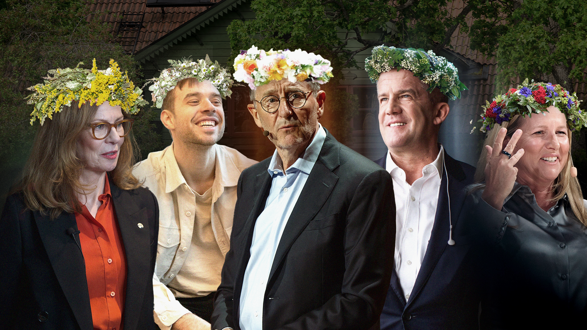 Fem personer som bär blommorkransar på huvudet och ler mot kameran. De är klädda i professionell klädsel och står tillsammans i en gruppbild.
