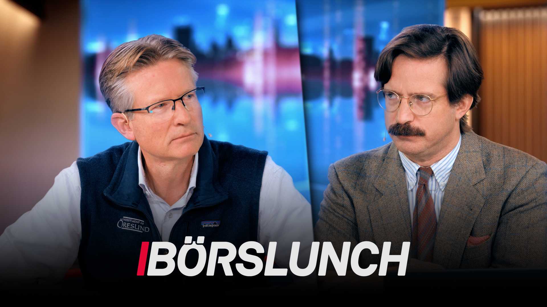 Två män sitter bredvid varandra i en tv-studio. Längst ned syns programloggan Börslunch.
