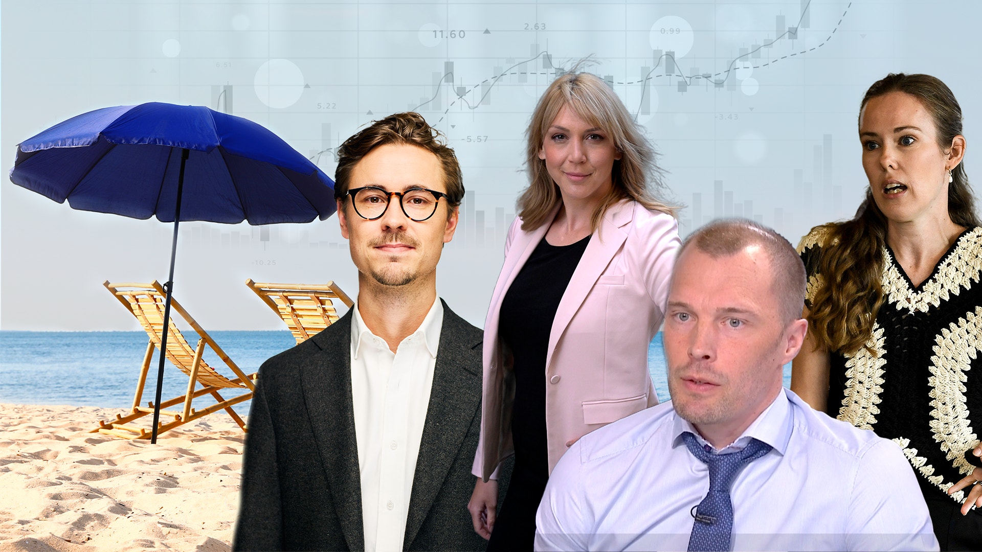 En strand med solstol och parasoll tillsammans med bilder på Frida Bratt, Carl-Henrik Söderberg, Tommy von Brömsen och Susanne Spector.