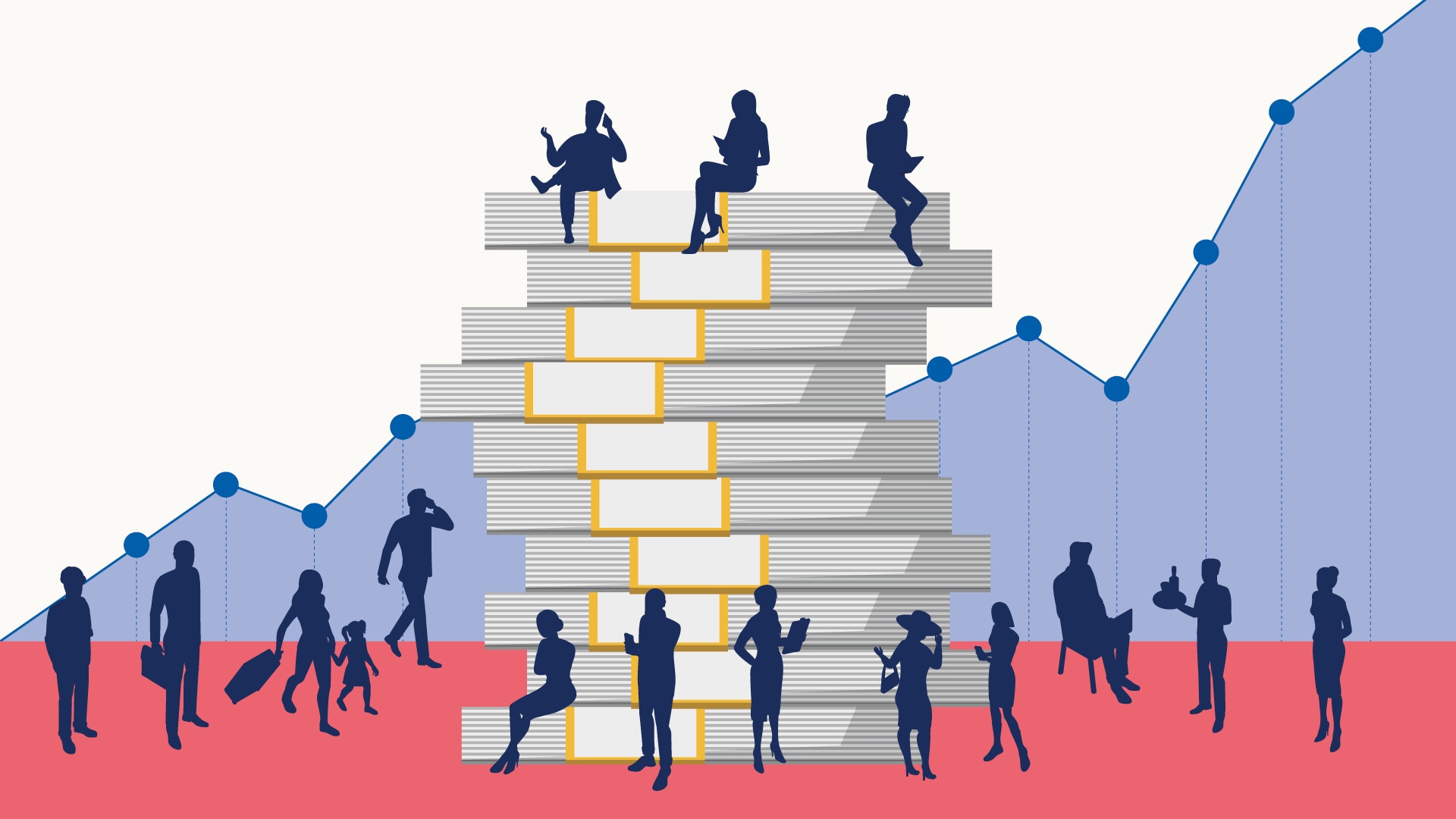 Illustration av människor som klättrar upp på en trappa med en växande graf i bakgrunden, som symboliserar framsteg och tillväxt inom medborgarkapital.