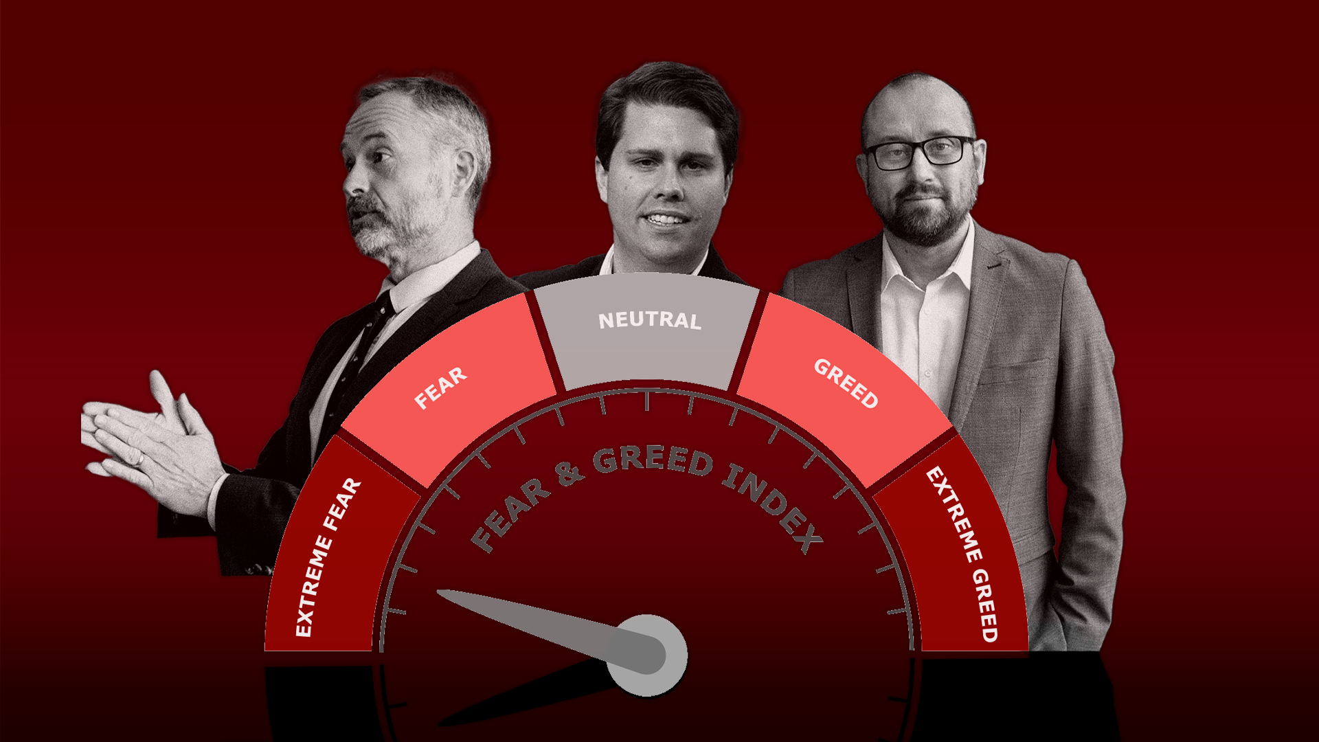 Tre män framför en röd bakgrund med en räknare som visar "Rädsla och girighet index"