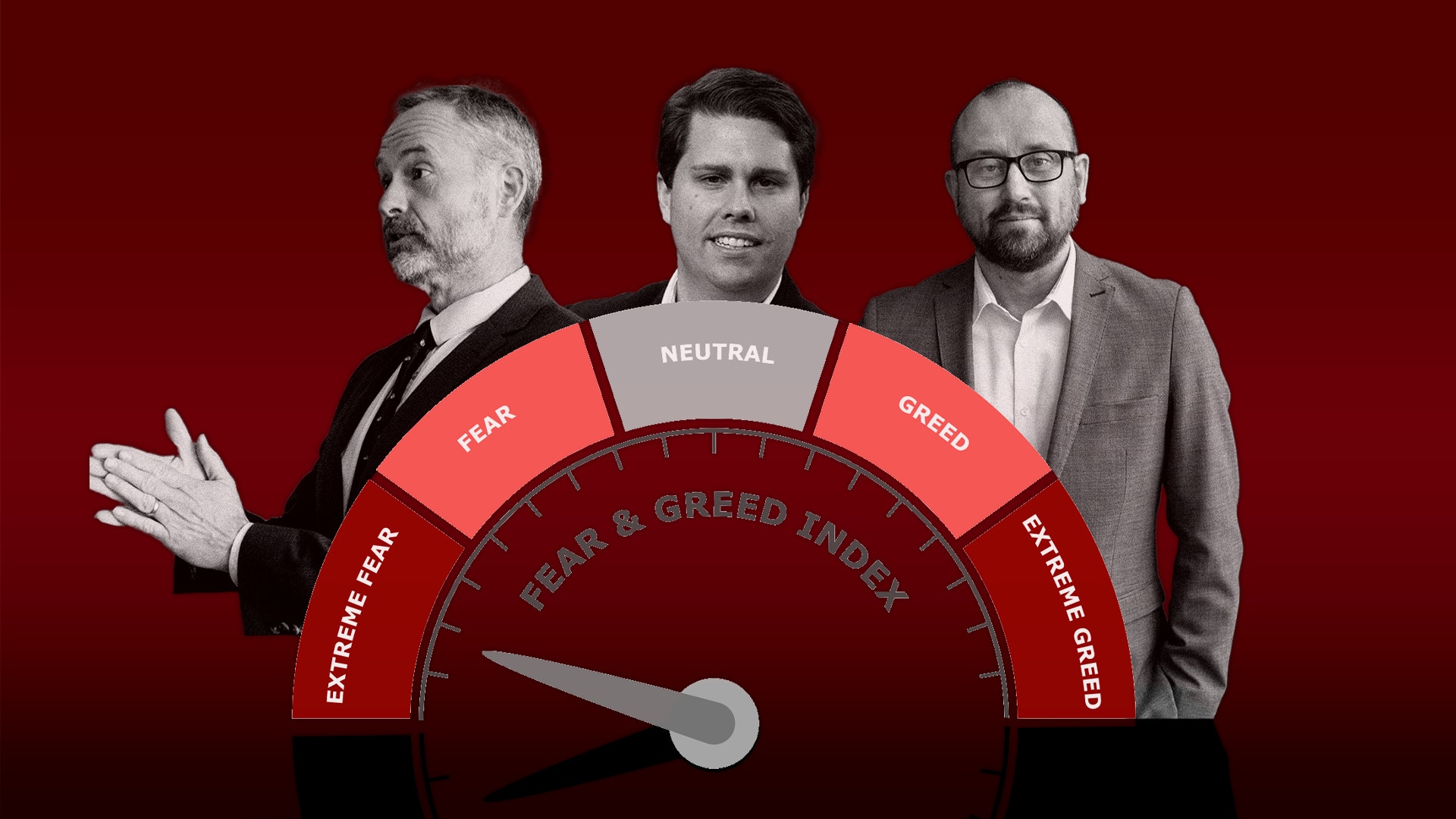 Tre män framför en röd bakgrund med en räknare som visar "Rädsla och girighet index"