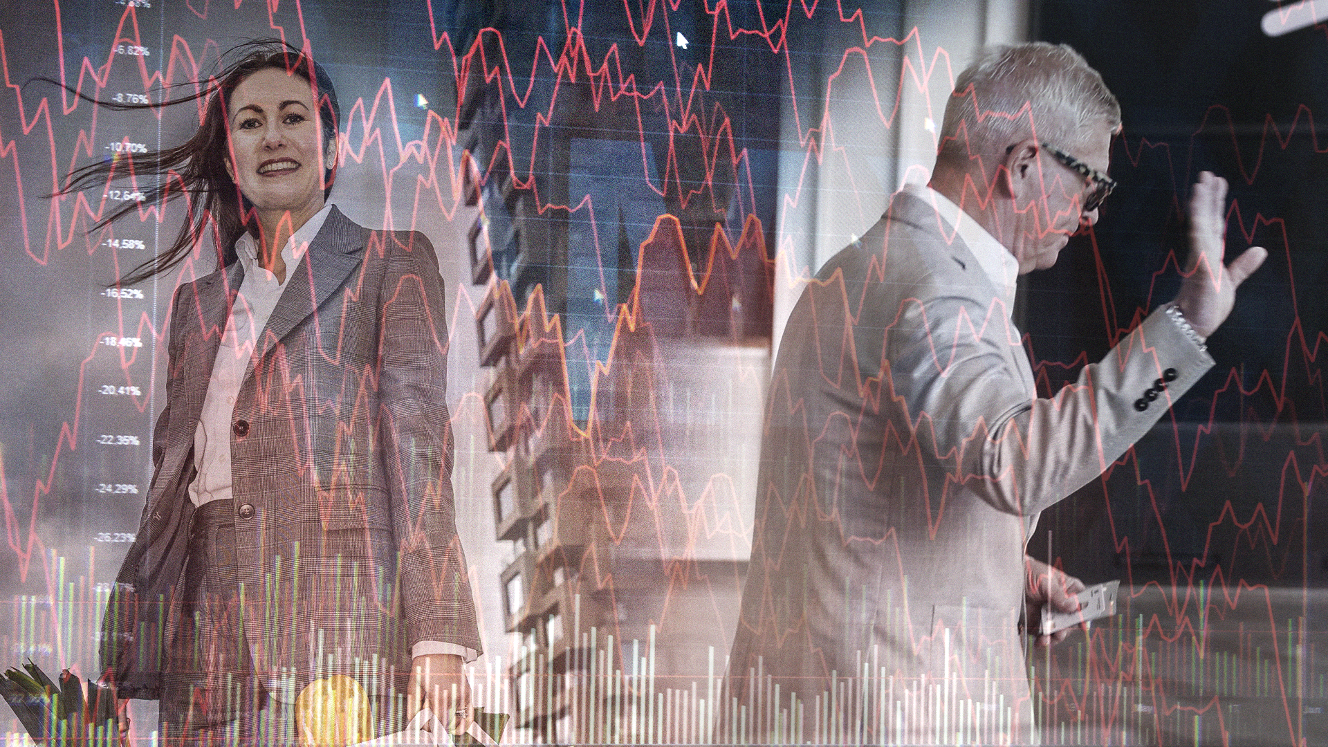 Två affärspersoner framför animerade finansiella grafer och aktiemarknadsdiagram i rött och orange.
