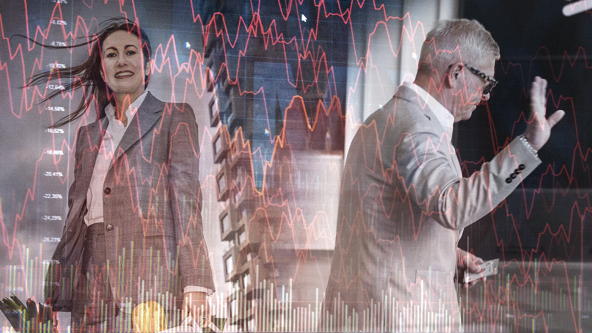 Två affärspersoner framför animerade finansiella grafer och aktiemarknadsdiagram i rött och orange.