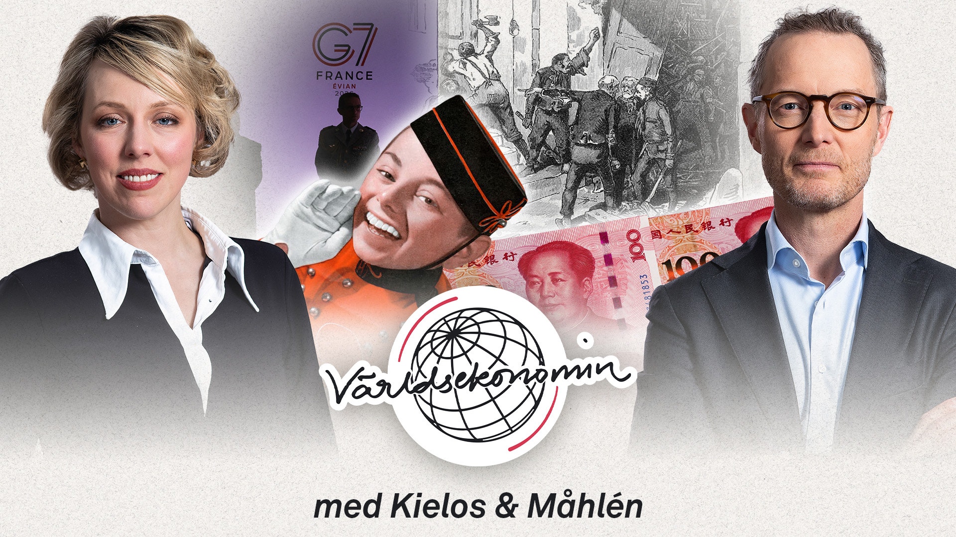 Collage för podcasten Världsekonomin med två porträtt av värdar, en kinesisk sedel, en man med VR-headset och historiska bilder.