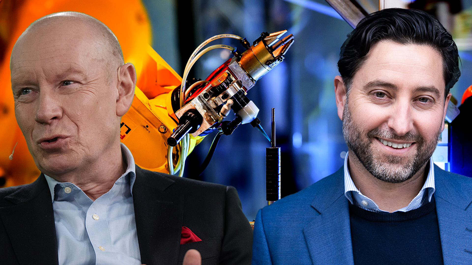 Två män framför industriell utrustning och maskiner.
