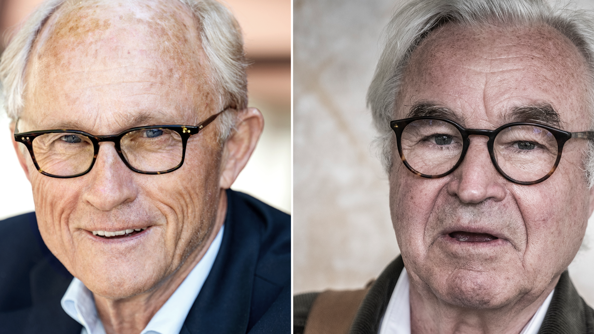 Två porträttfotografier av äldre män med glasögon.