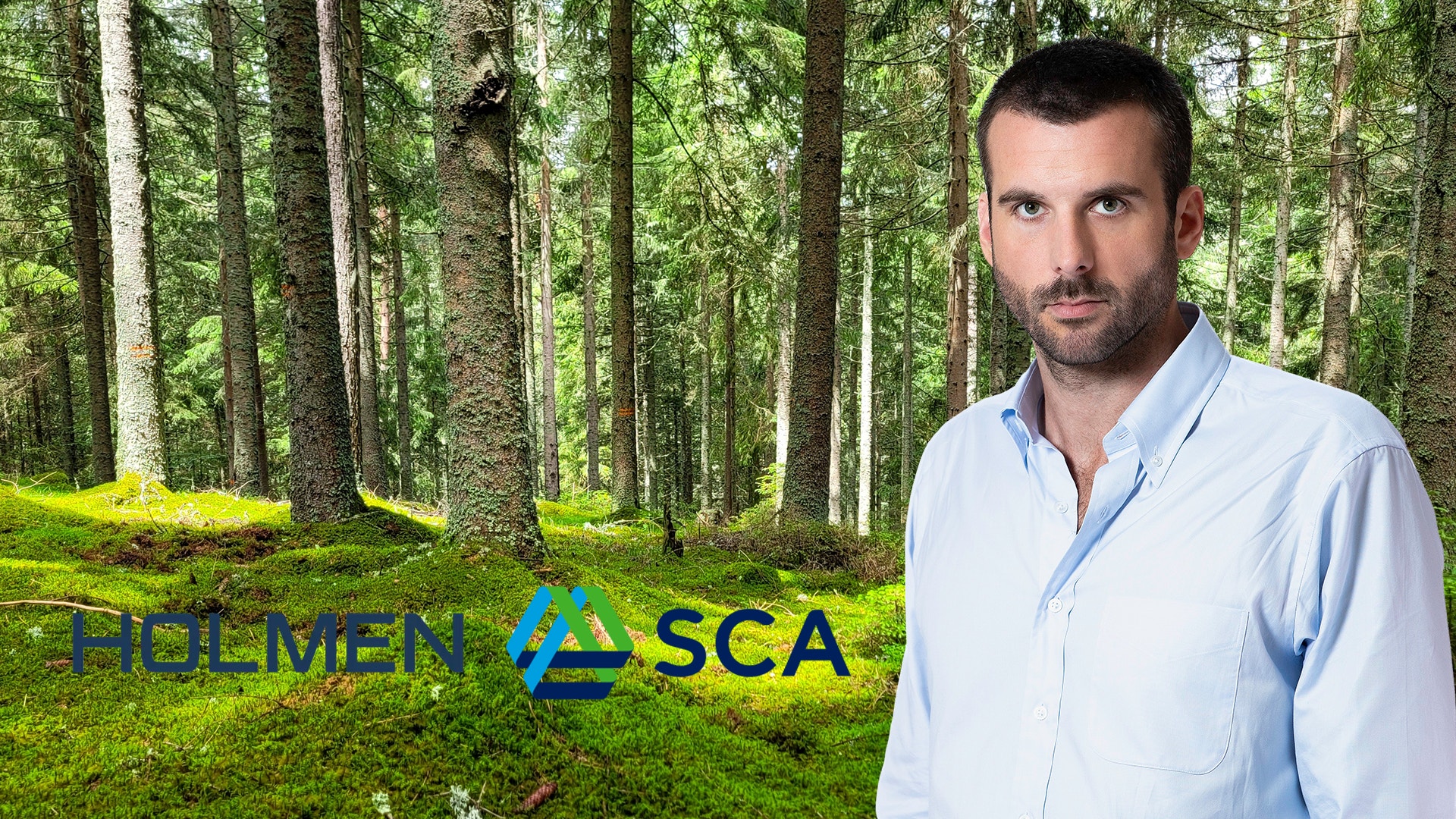 EFN:s analytiker Daniel McPhee framför en skog med loggorna för SCA och Holmen, två skogsbolag han skriver om.