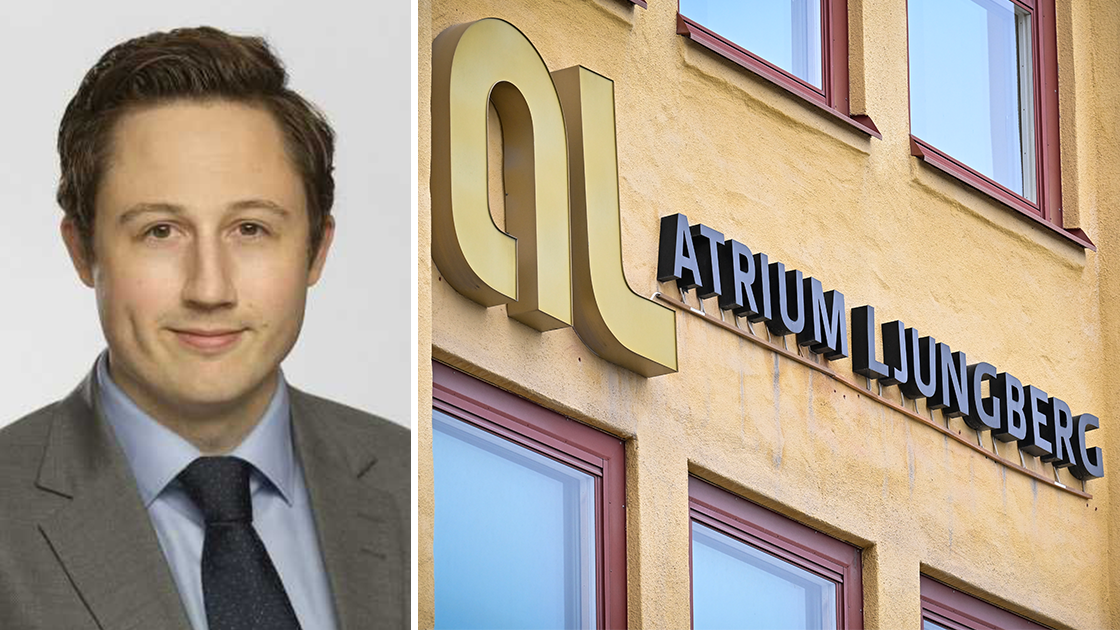 Gustav Sällberg, fondförvaltare på PriorNilsson till vänster. Bild på Atrium Ljungberg-kontor till höger.