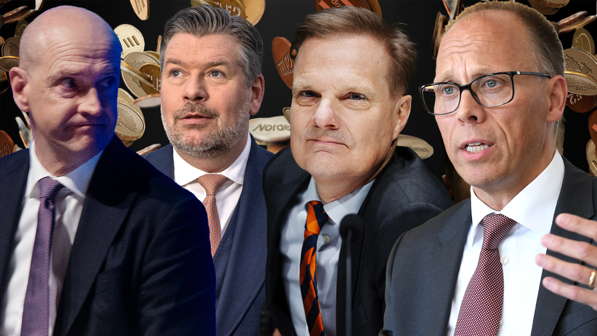 Fyra män i affärskläder står tillsammans vid ett professionellt event.