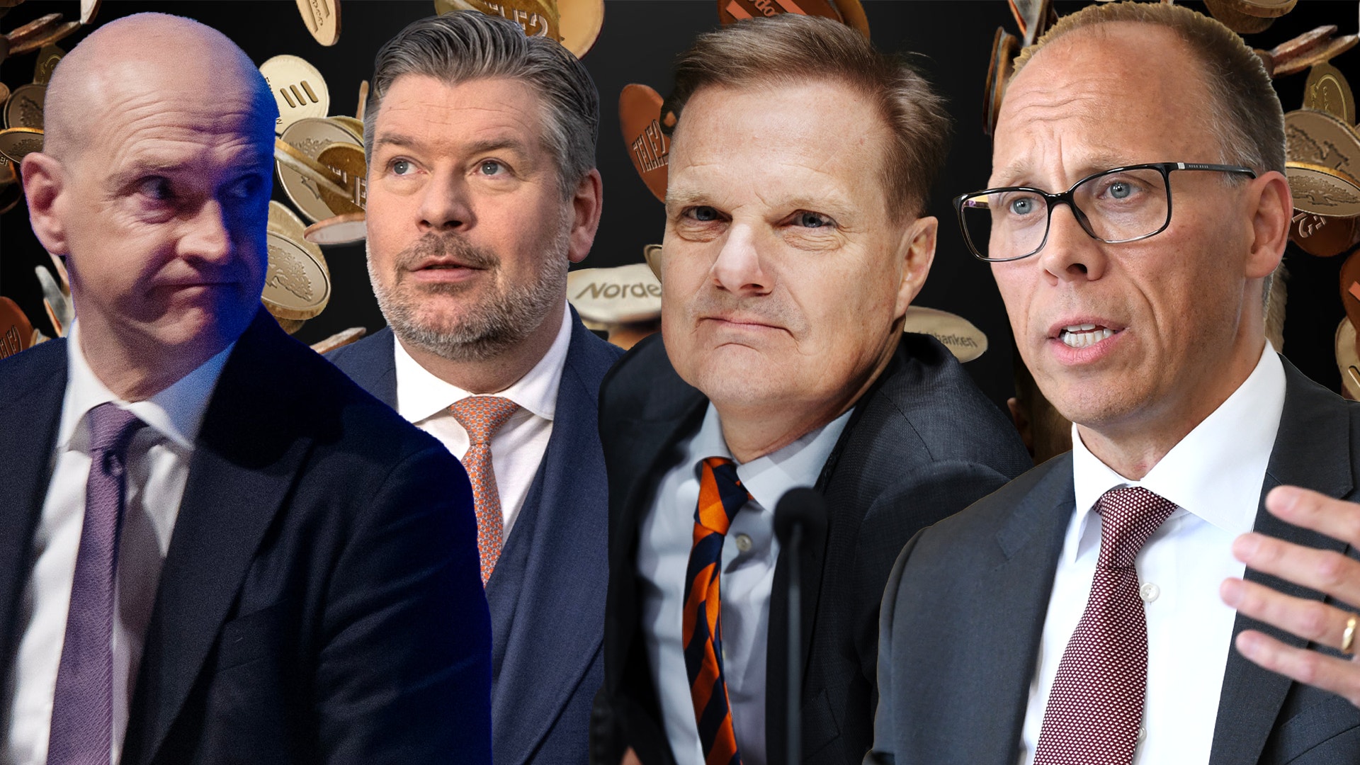 Fyra män i affärskläder står tillsammans vid ett professionellt event.