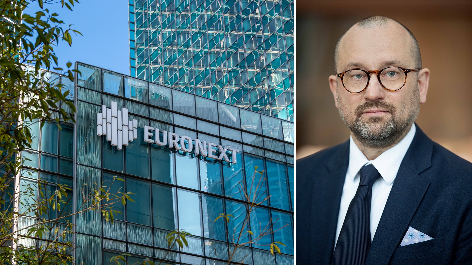 Delad bild: till vänster en glasfasad med Euronext-logotypen, till höger en skäggig man med glasögon i mörk kostym.
