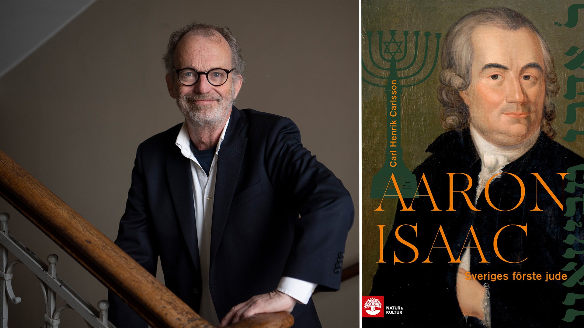 Sammansatt bild med en man i mörk kavaj på vänster sida och bokomslaget till 'Aaron Isaac - Sveriges första jude' på höger sida.