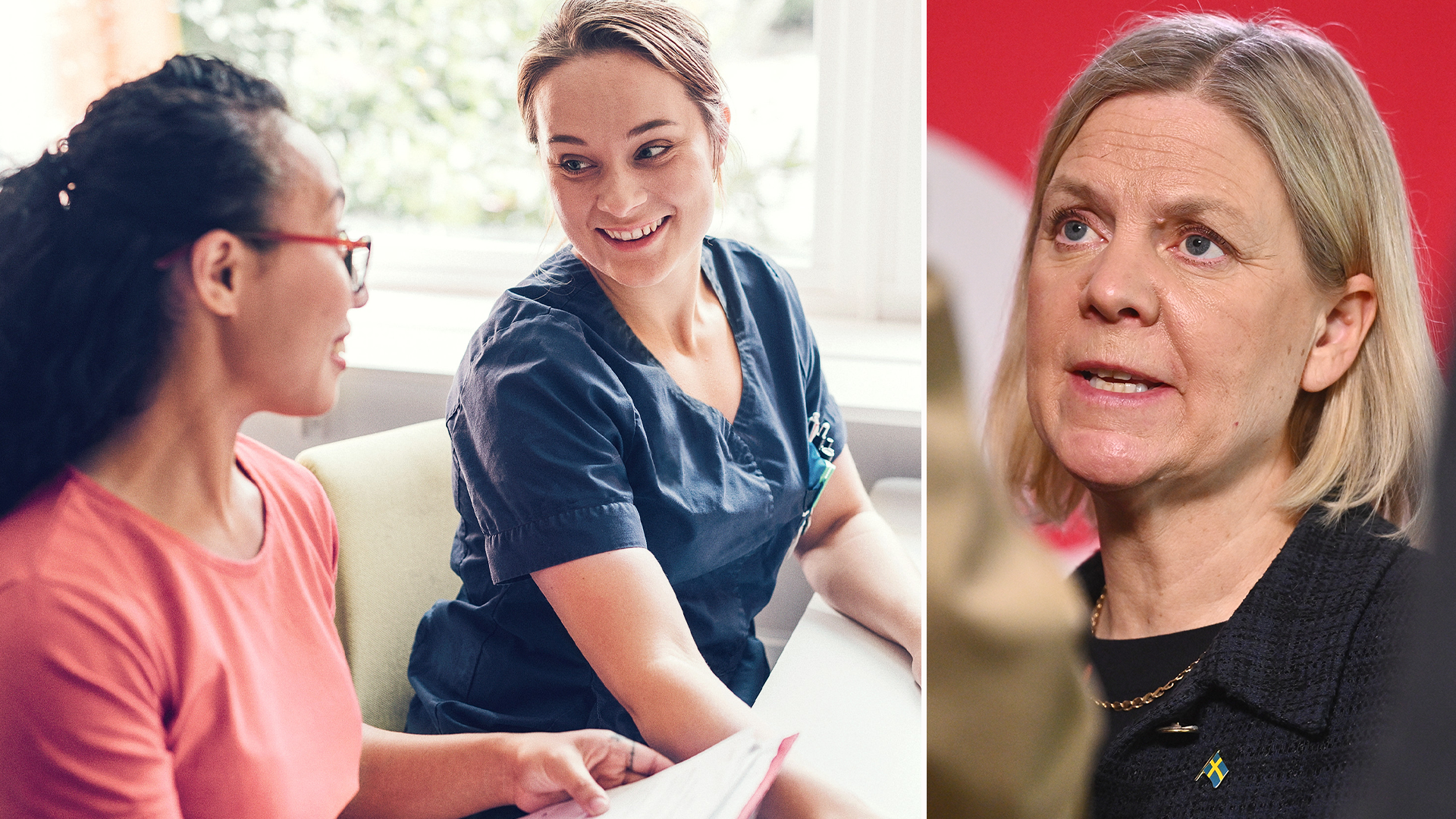 Två bilder: till vänster två kvinnor som tillsammans granskar ett dokument, till höger porträtt av en kvinna mot röd bakgrund.