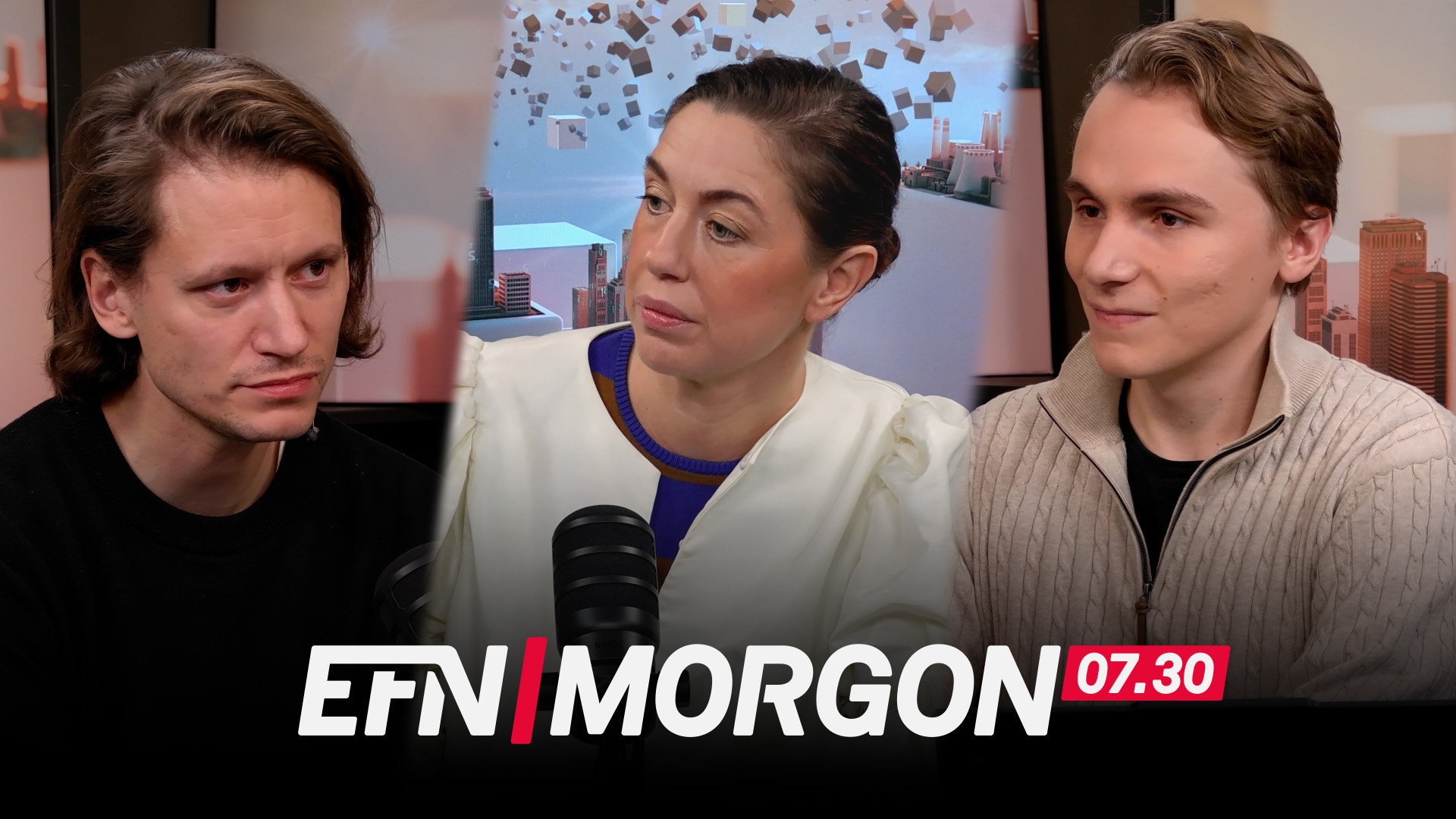 Tre personer i en tv-studio: två unga män och en kvinna. Längst ned syns logotypen för EFN Morgon klockan 07.30.