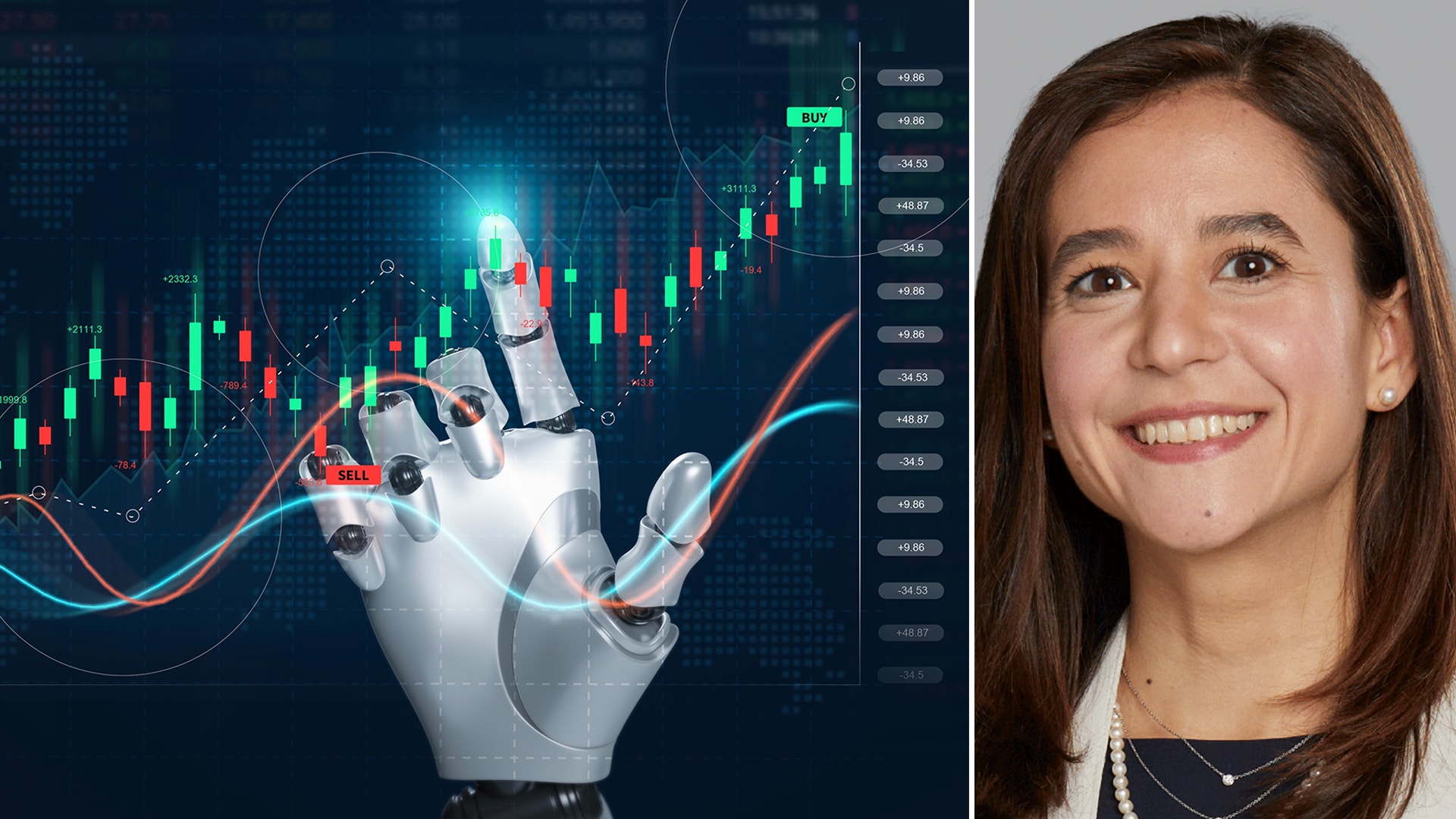 JP Morgans marknadsstrateg Gabriela Santos ler i kombination med en bild på en börsgraf.