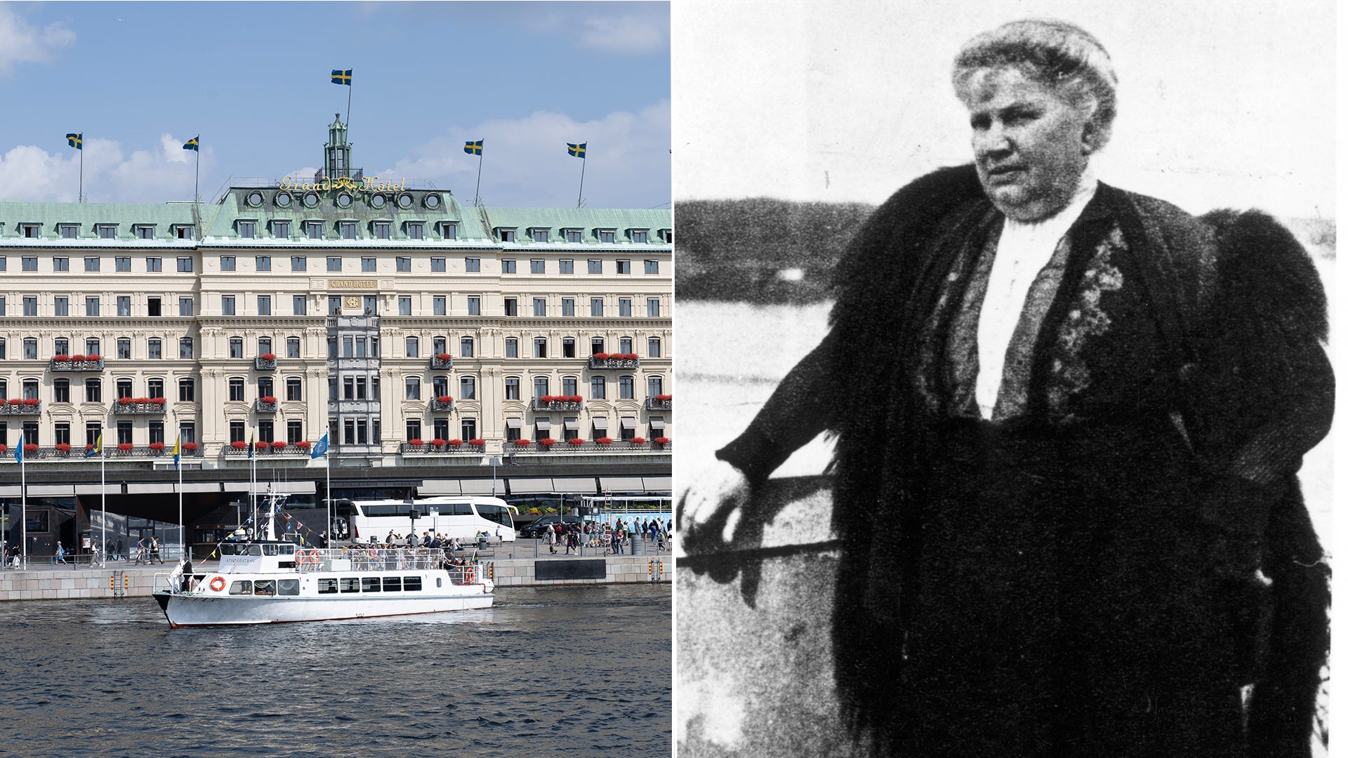 Sammansatt bild som visar Grand Hotel, ett klassiskt hotellbyggnad vid vattnet med flaggor på taket och en passagerarbåt framför, samt ett svartvitt porträtt av en äldre man i formell klädsel.