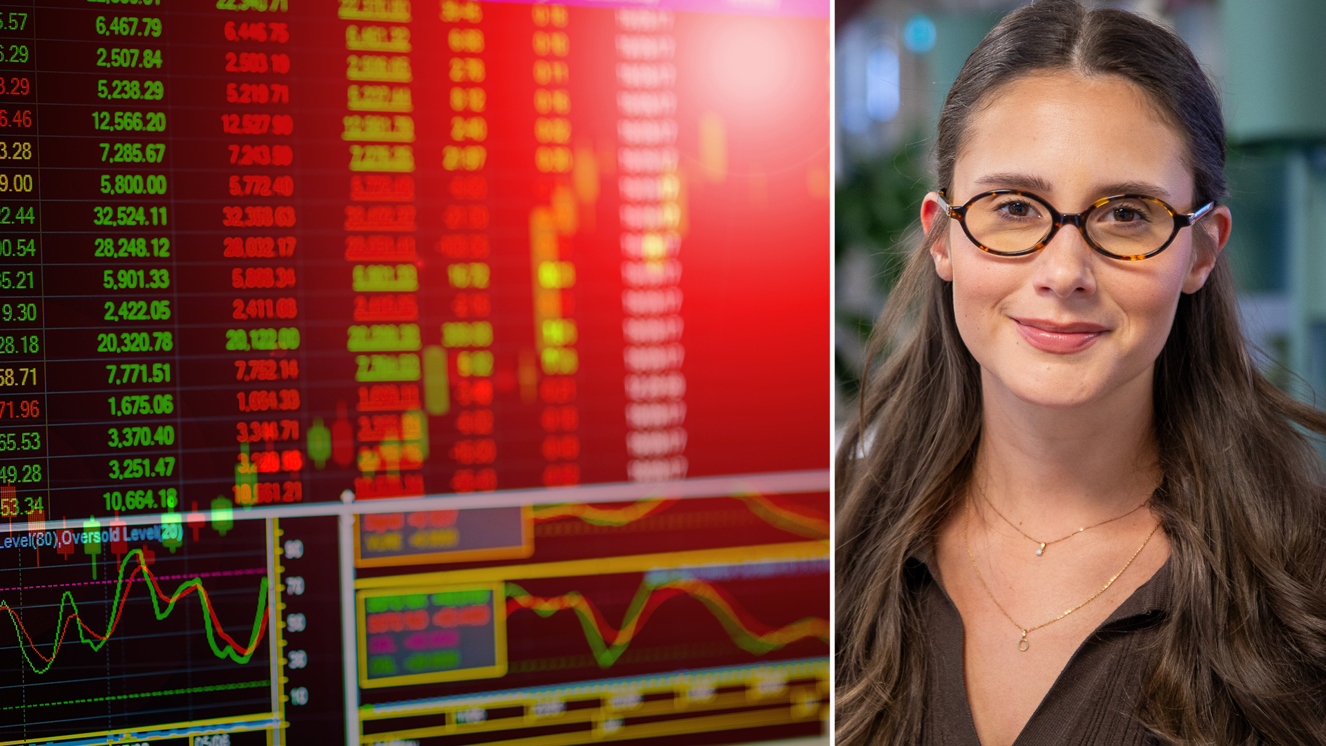 Kvinnlig finansanalytiker framför börsdata och marknadsgrafer