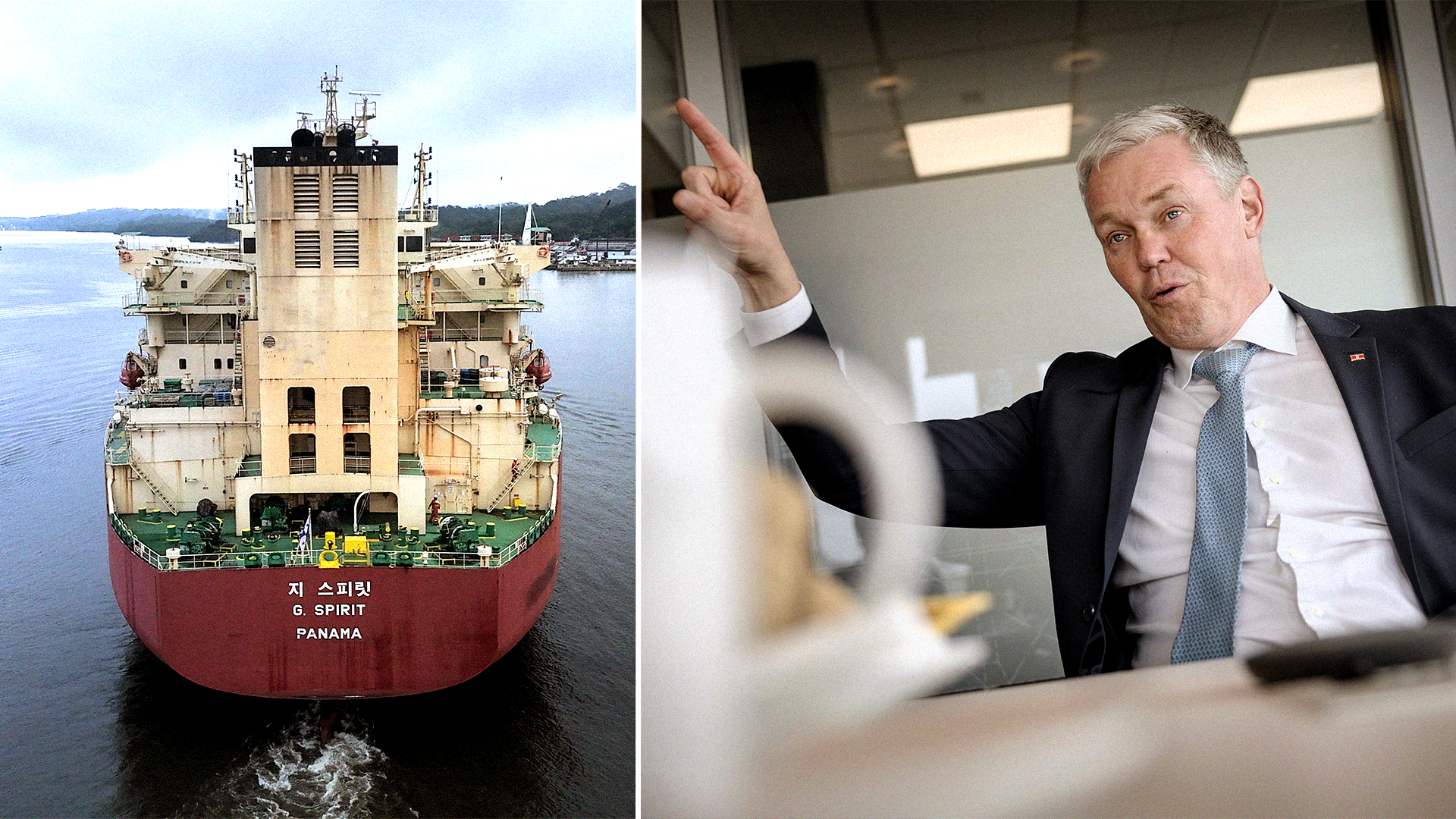 Delad bild: ett stort fraktfartyg till sjöss och en man i kostym som pratar och gestikulerar på ett kontor.