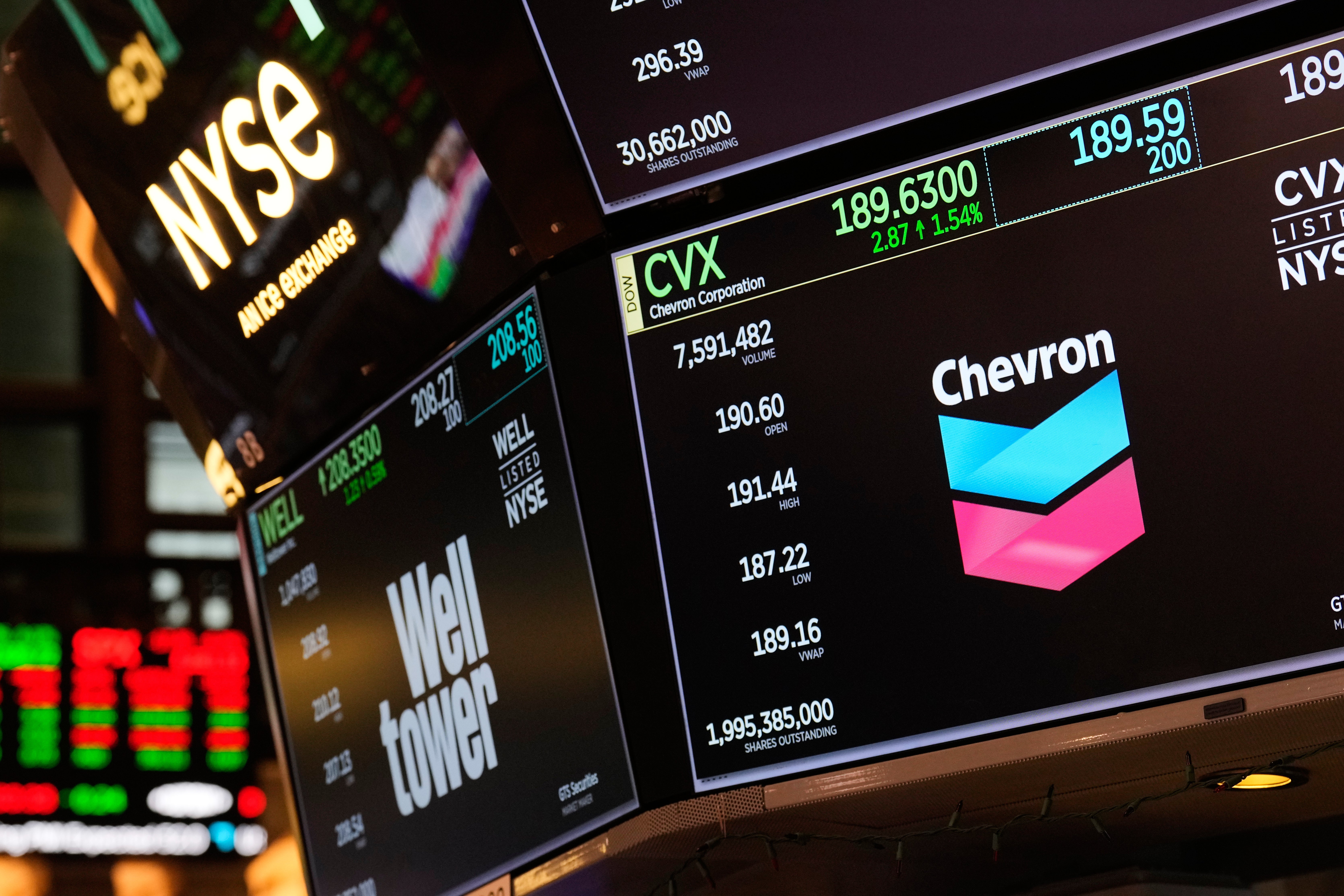 Aktiemarknadsskärm som visar aktiekurser och företagslogotyper inklusive NYSE och Chevron