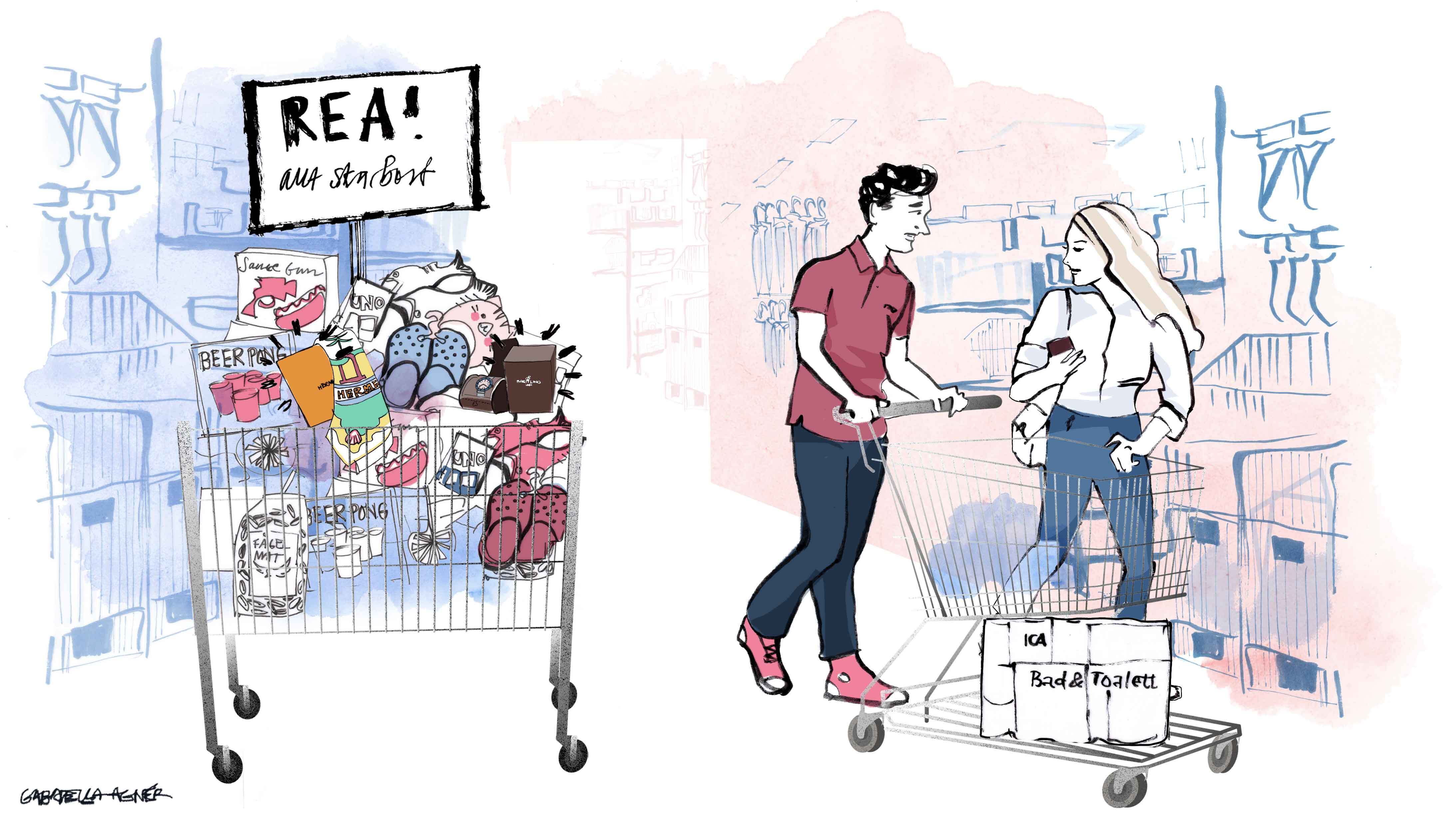 Illustration som jämför två olika matval: en överfull shoppingvagn fylld med förpackade livsmedel kontra en vagn med färska, naturliga matvaror. Två personer presenterar skillnaden mellan ultrabearbetad mat och verklig mat.