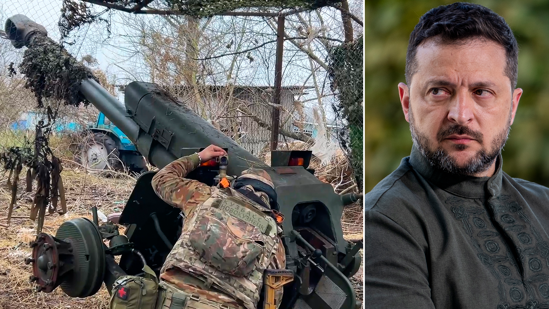 En kamouflageklädd soldat manövrerar en artilleripjäs utomhus, bredvid en porträttbild av Ukrainas president Volodymyr Zelenskyj.