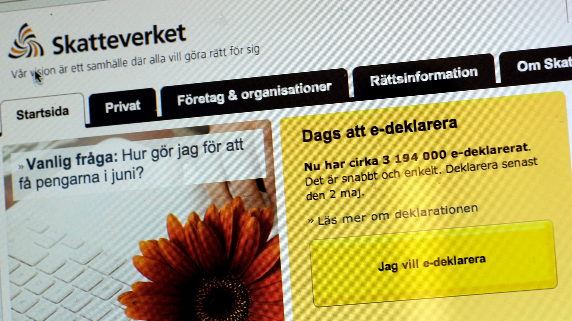 Skärmbild från Skatteverkets webbplats med information om e-deklaration.