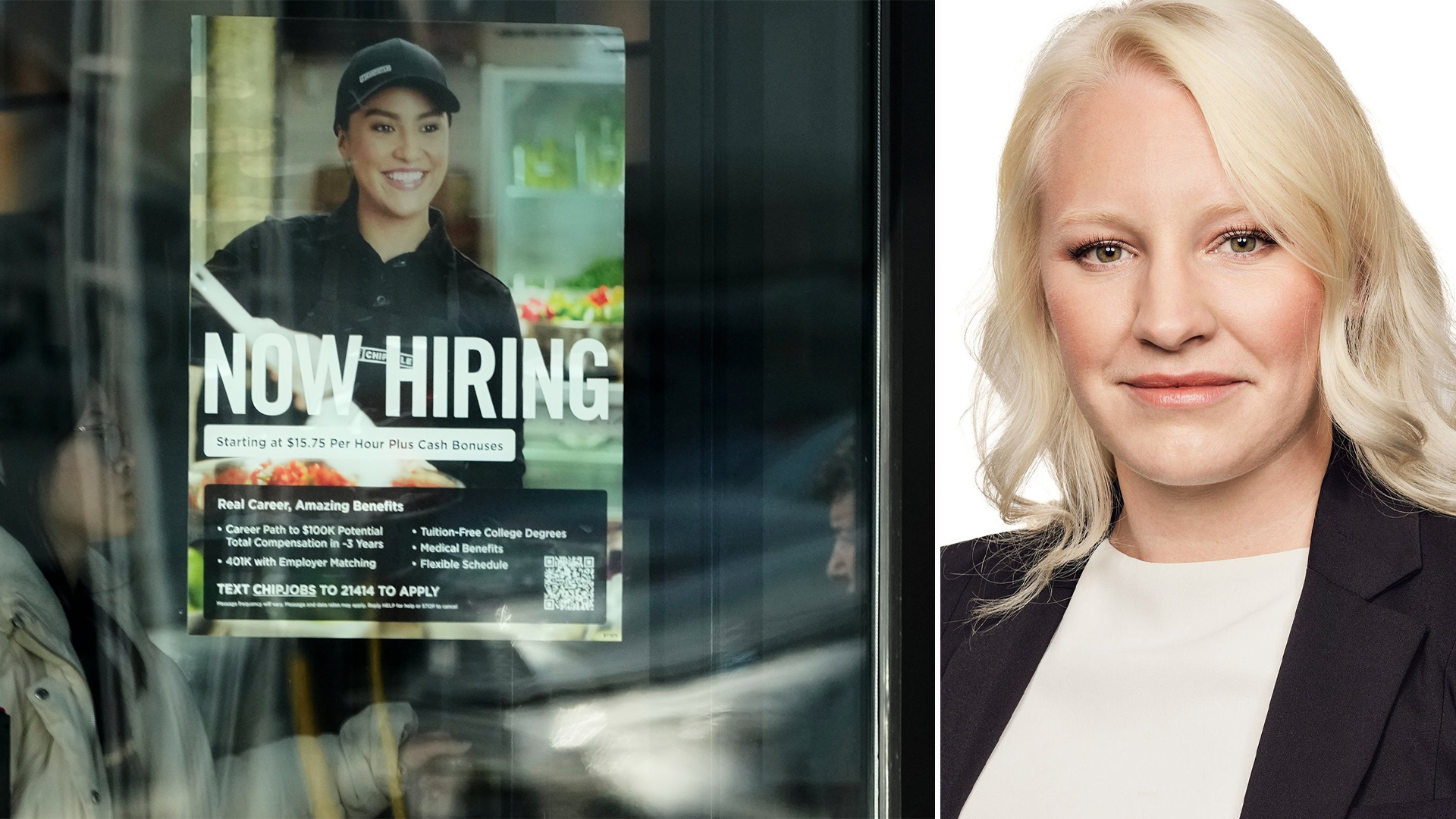 Jobbannonsskylt till vänster och Amanda Sundström till höger.