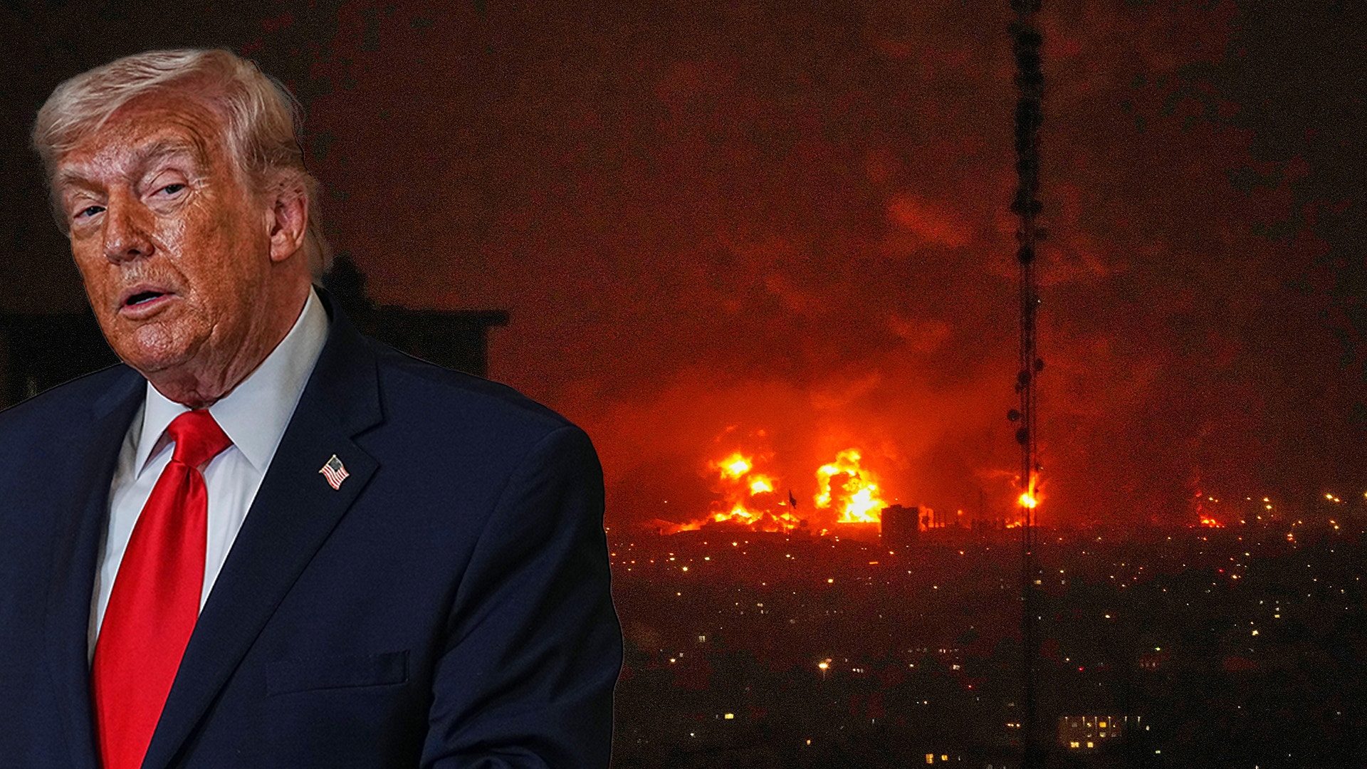 USA:s president Donald Trump i mörk kostym och röd slips framför en bakgrund med bränder vid iransk oljeinfrastruktur.