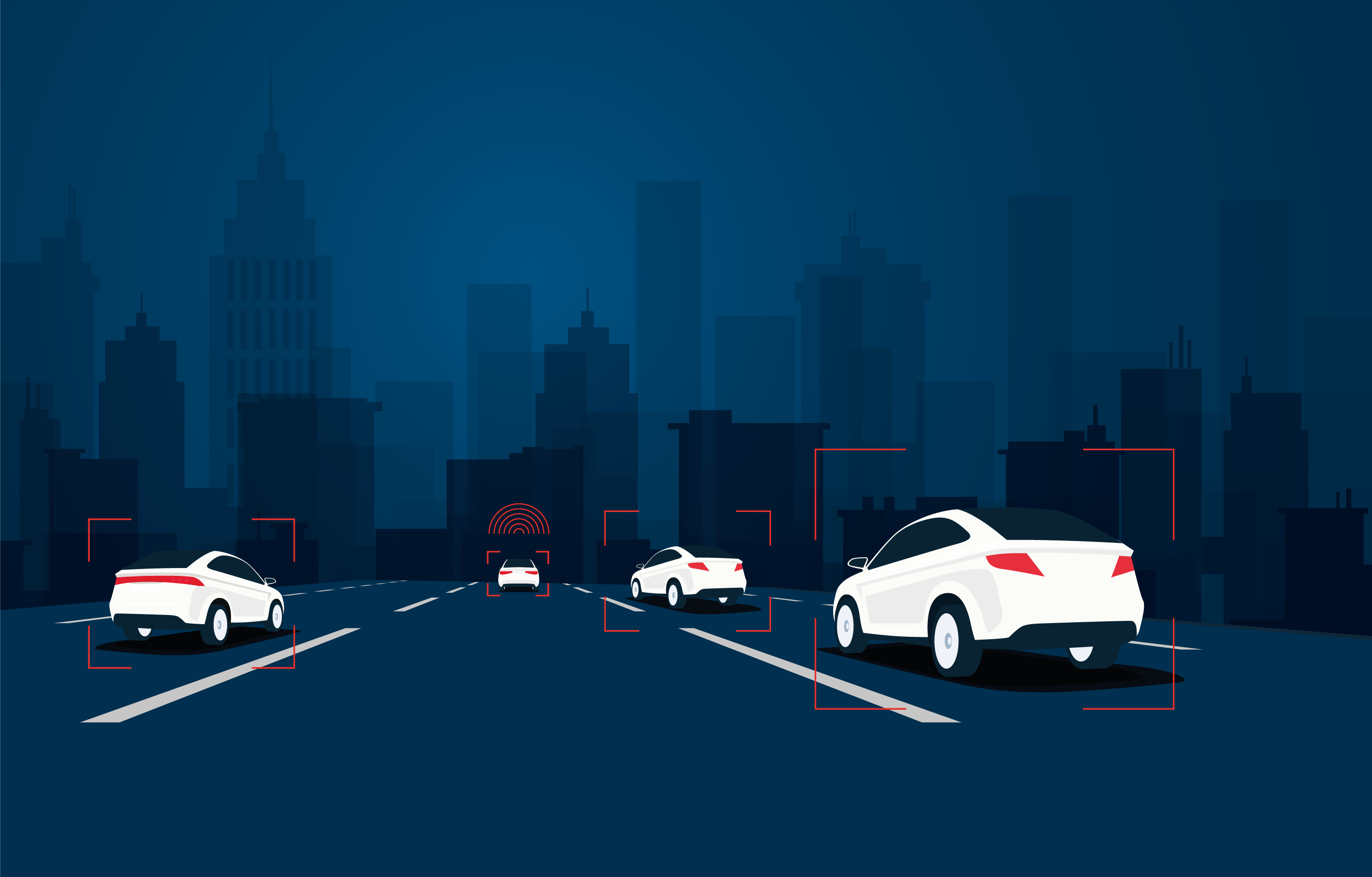 Illustration av vita bilar på en väg med en stadshorisont i bakgrunden. Bilarna är märkta med röda detektionsramar, vilket symboliserar trafikövervakning eller autonomt körande.