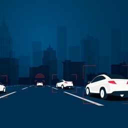Illustration av vita bilar på en väg med en stadshorisont i bakgrunden. Bilarna är märkta med röda detektionsramar, vilket symboliserar trafikövervakning eller autonomt körande.