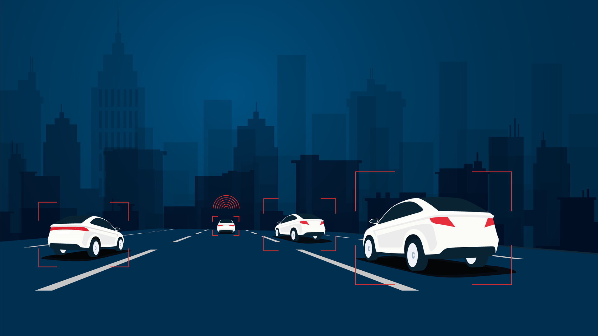 Illustration av vita bilar på en väg med en stadshorisont i bakgrunden. Bilarna är märkta med röda detektionsramar, vilket symboliserar trafikövervakning eller autonomt körande.