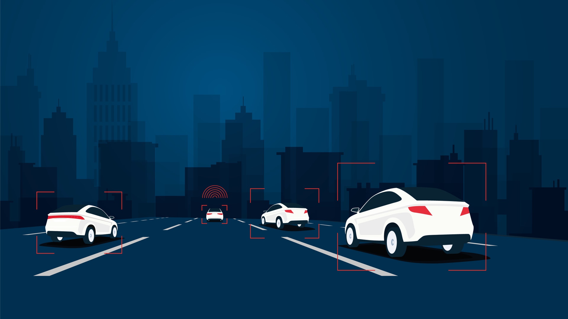 Illustration av vita bilar på en väg med en stadshorisont i bakgrunden. Bilarna är märkta med röda detektionsramar, vilket symboliserar trafikövervakning eller autonomt körande.