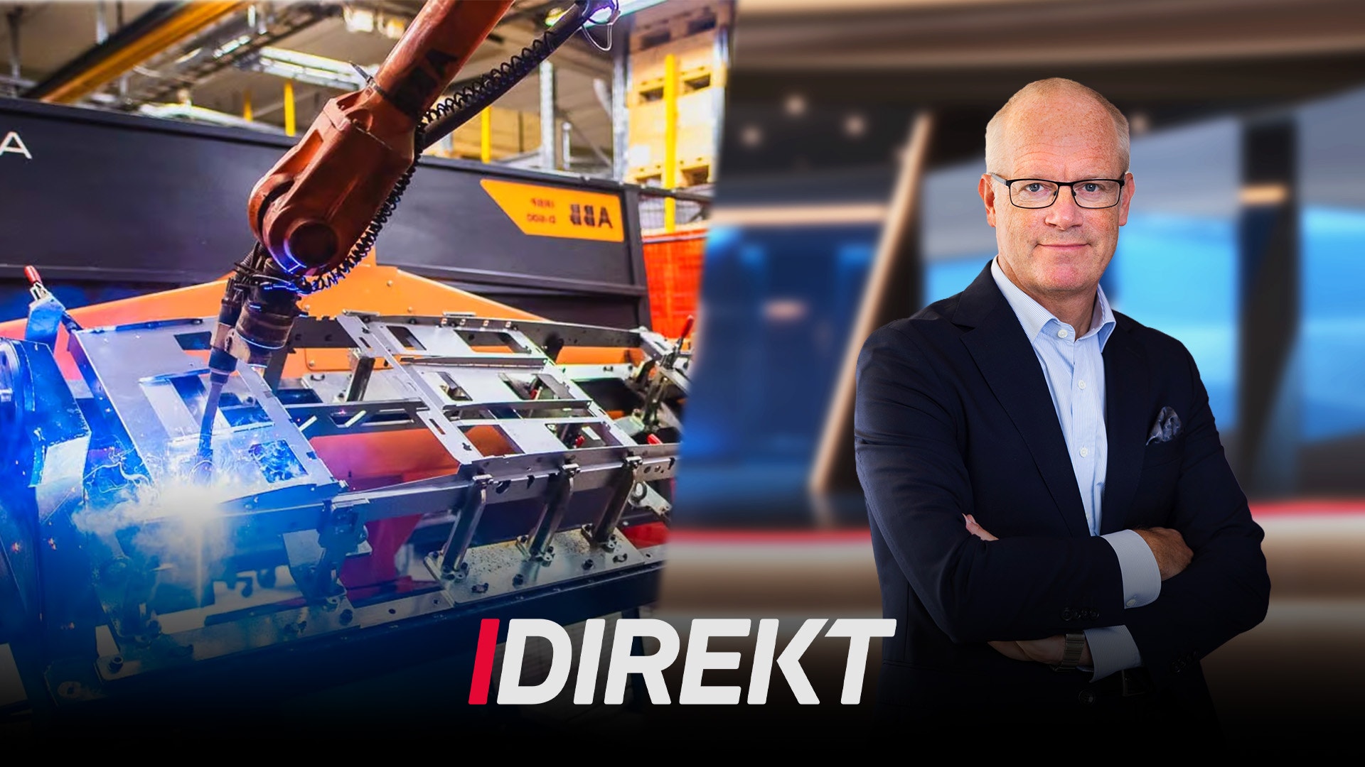 Industriell produktionsmiljö med robotsvetsning och porträtt av en man i affärskläder