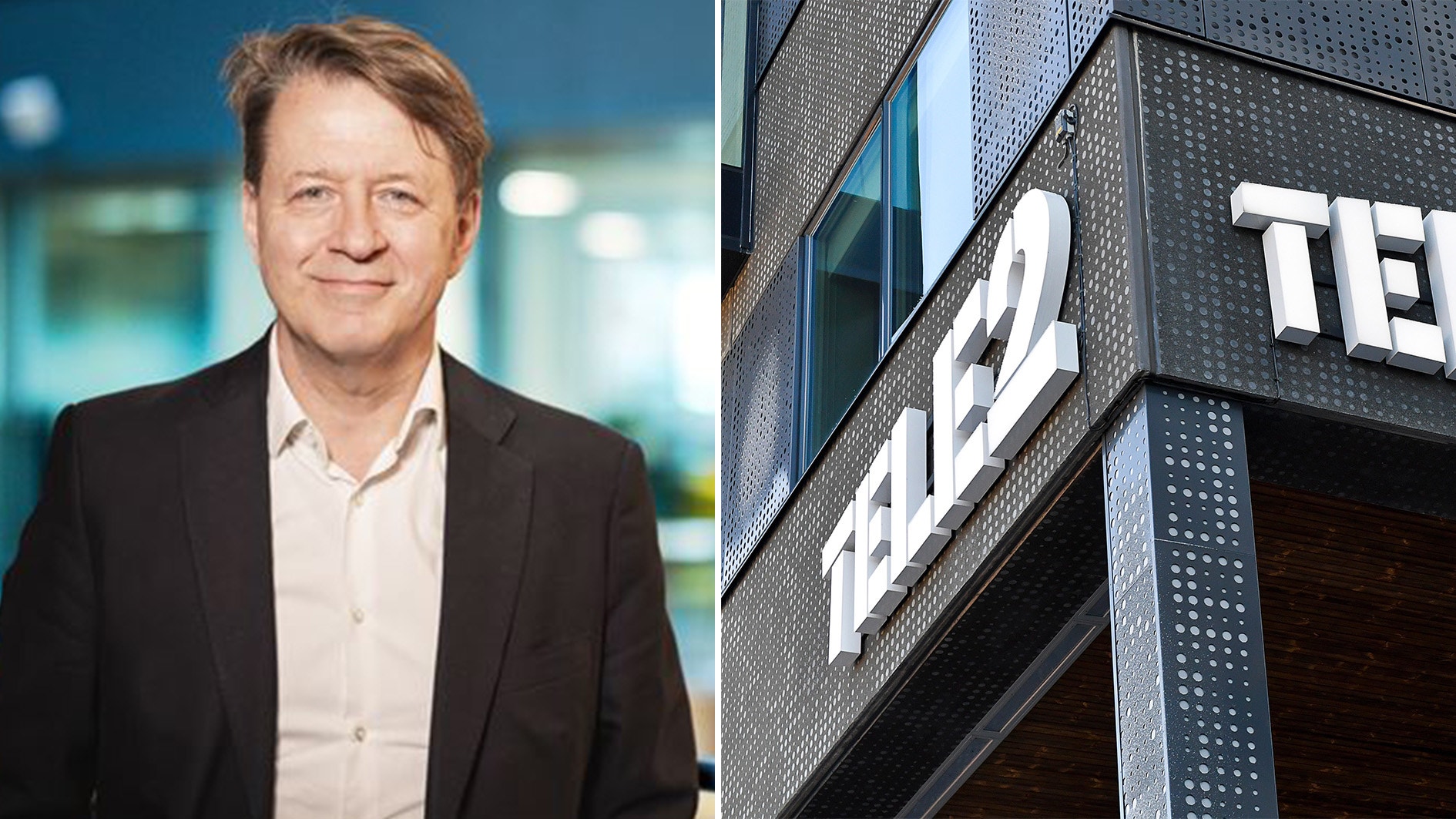 Jean-Marc Harion till vänster och bild på Tele2-kontor till höger.