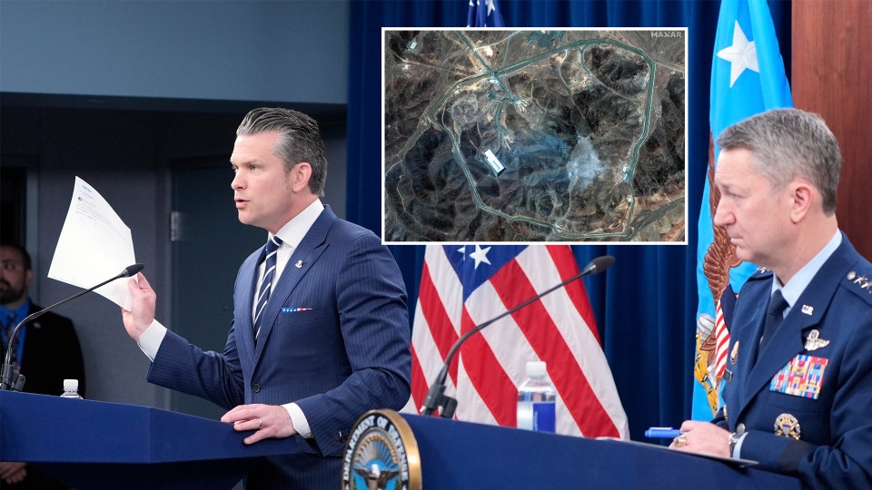 USA:s försvarsminister Pete Hegseth och general Dan Caine, talar under en presskonferens på Pentagon i Washington, söndagen den 22 juni 2025, efter att USA:s militär slagit till mot tre mål i Iran.