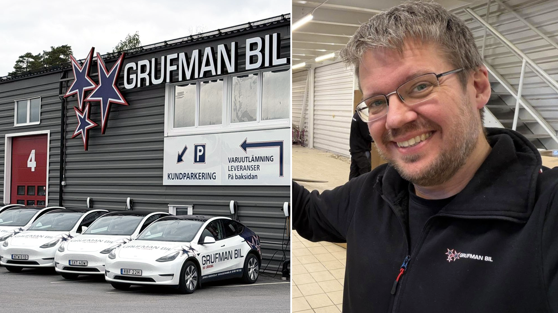 Sammansatt bild som visar Grufman Bil bilhandel med vita bilar och en porträttbild av en man med glasögon och svart jacka.