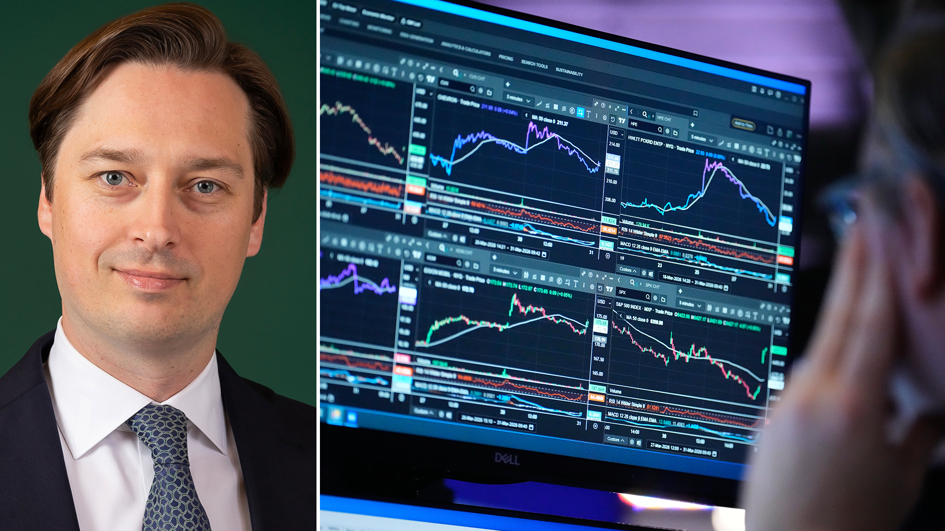 Porträtt av man bredvid skärm med finansiella handelsdiagram
