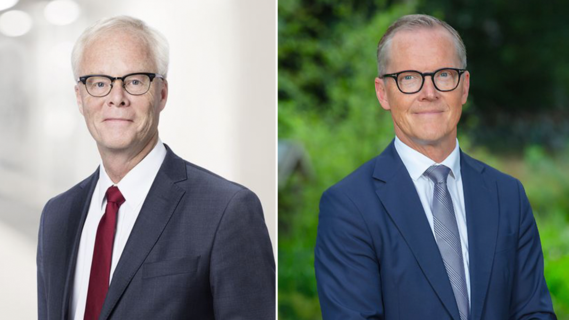 Två porträttbilder av män i kostym och slips. Den vänstra mannen mot ljus bakgrund, den högra mot grön naturlig bakgrund. Båda bär glasögon.