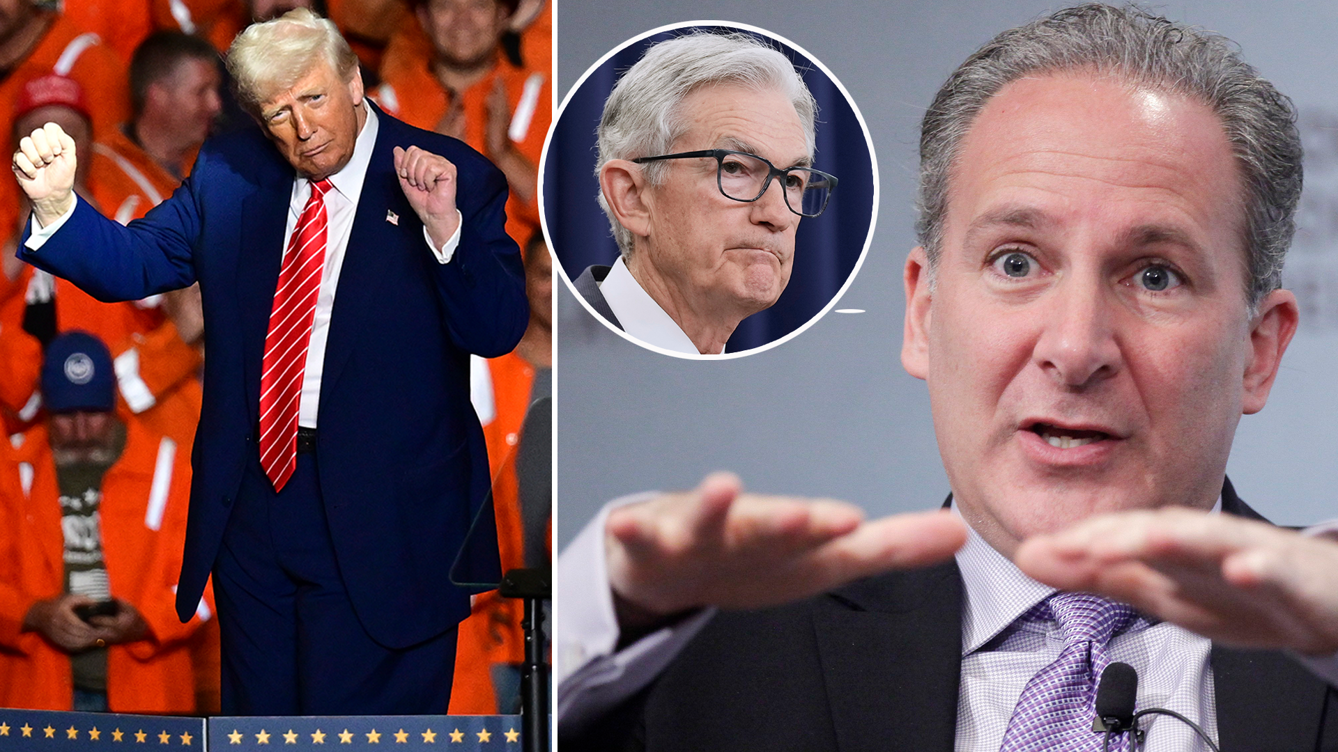 USA:s president Donald Trump, Fed-chefen Jerome Powell och toppekonomen Peter Schiff.
