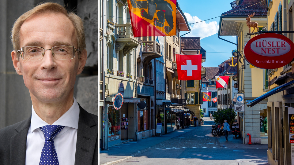 Splitbild på Robert Bergqvist och en by i Schweiz.