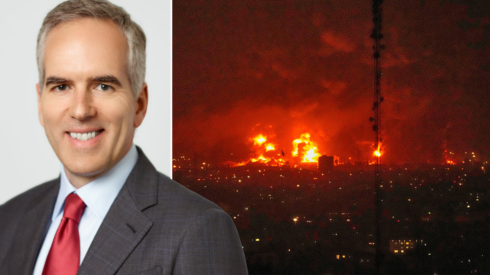 Porträttfoto av man i kostym tillsammans med bild av industriell brand