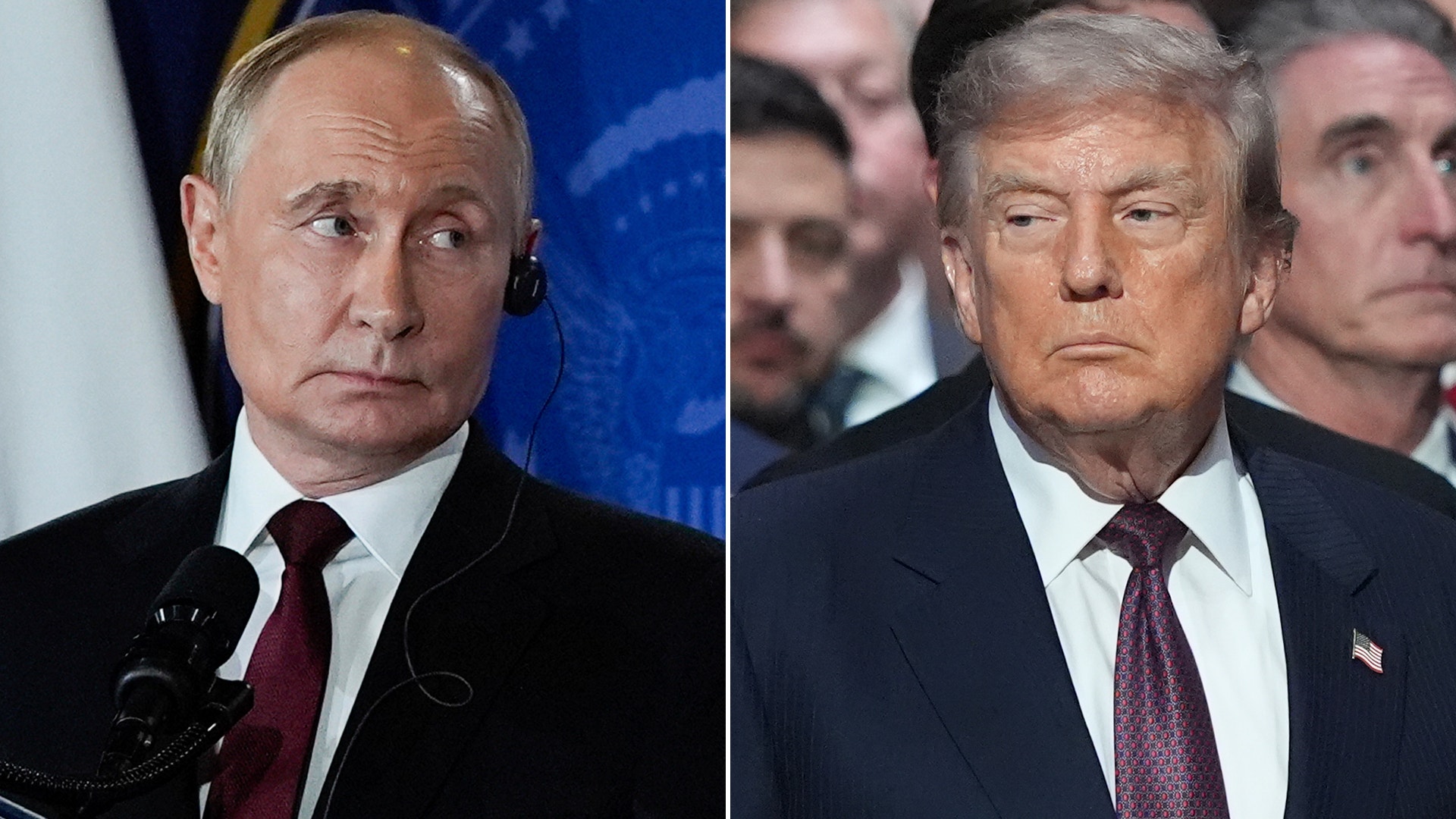 Sidoställd bild av Vladimir Putin och Donald Trump i formell klädsel.