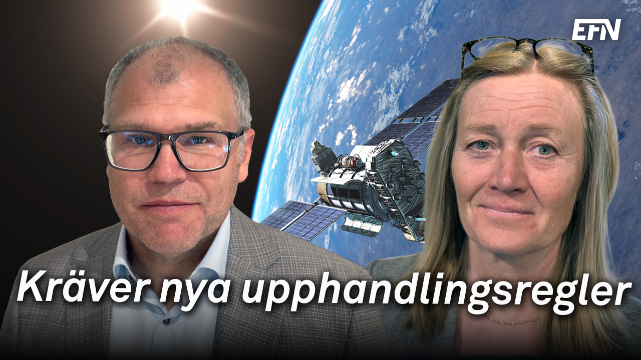 Jens Lundström och Johanna Bergström-Roos i en montagebild med en satellit och planeten jorden i bakgrunden.